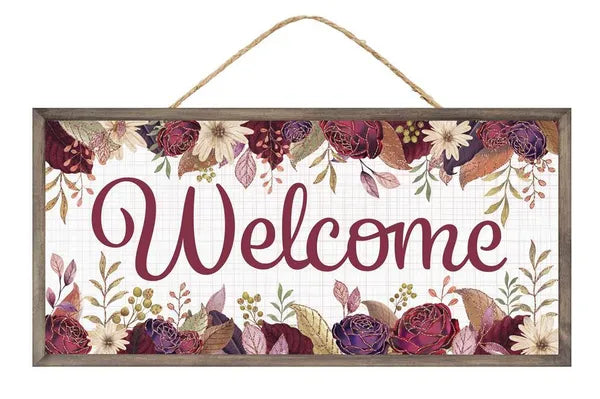 12.5"L X 6"H WELCOME W/FALL FLOWERS-RD/GRN/PRPL/BRWN/BEIG/CRM-AP7862