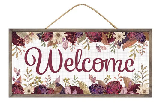 12.5"L X 6"H WELCOME W/FALL FLOWERS-RD/GRN/PRPL/BRWN/BEIG/CRM-AP7862