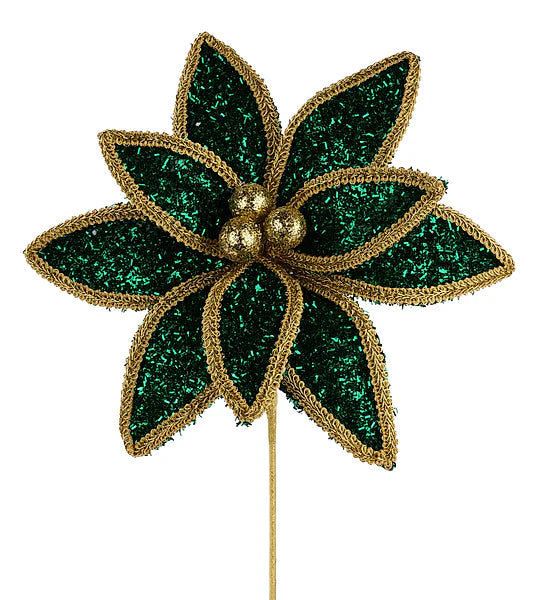 14"L V GLITTER/LACE EDGE POINSETTIA PICK- HUNTER GREEN/GOLD- XS418212