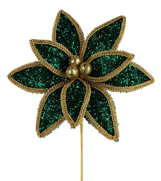 14"L V GLITTER/LACE EDGE POINSETTIA PICK- HUNTER GREEN/GOLD- XS418212