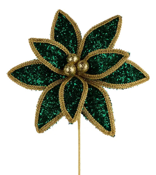 14"L V Glitter/Lace Edge Poinsettia Pick-Hunter Green/Gold-XS418212