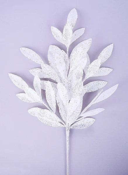 23.5"L GLITTER BAY LEAF SPRAY- WHITE- XS223327