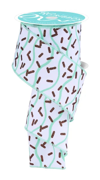 2.5" x 10yd Wavy Stripe W/Sprinkles-White/Mint Green/Brown- RGH101327