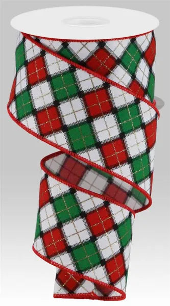 2.5" x 10yd Printed/Glitter Check/Diagonal-White/Red/Emerald/Blk/Gld-RGC196427
