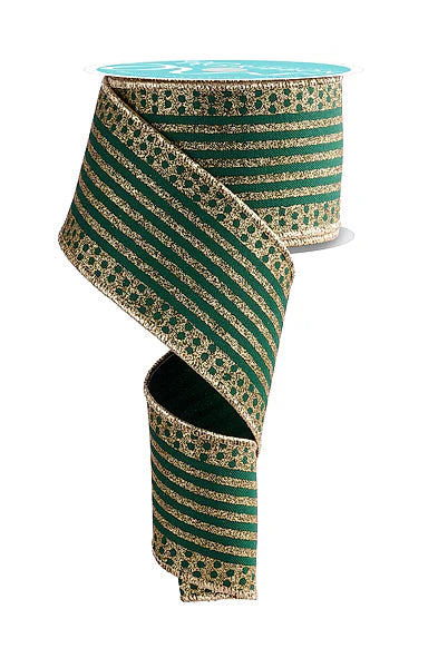 2.5"X10YD VERTICAL STRIPE/DOT EDGE- HUNTER GREEN/GOLD- RGF1510CK