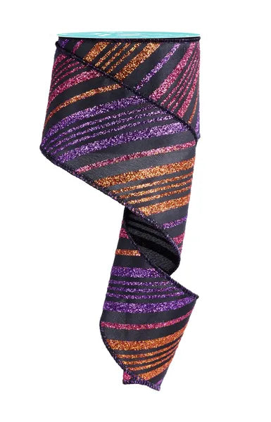 2.5"X10YD DIAGONAL GLITTER STRIPE - BLACK/PRPL/ORNG/HOT PINK - RGF1431YR