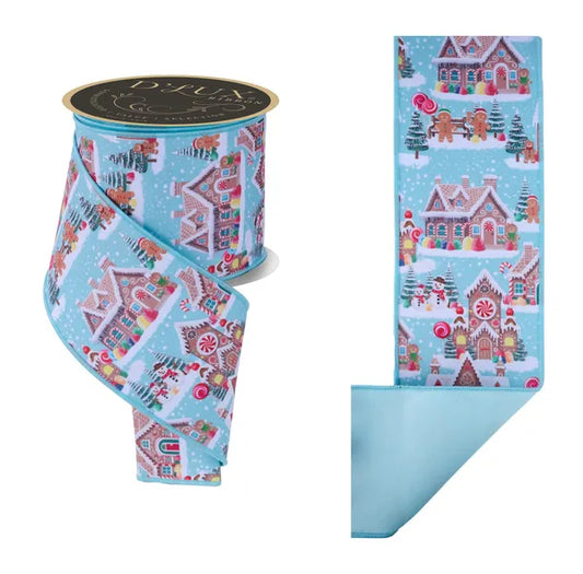 4" x 10yd Gingerbread Village/Fused- Lt Blue/Wht/Turq/Brwn-LX113514