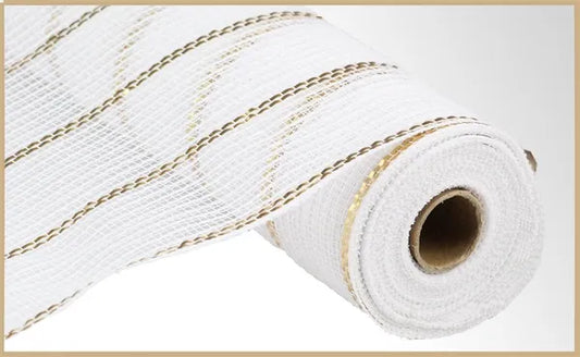 10.25" x 10yd Poly/Faux Jute/Matte Mesh- White/Gold-RY8329N2
