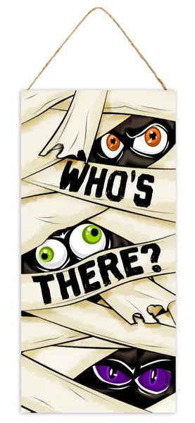 12.5"Hx6"L Who's There? Mummy Eyes Sign-Wht/Blk/Orng/Purple/Lime-AP7417A9