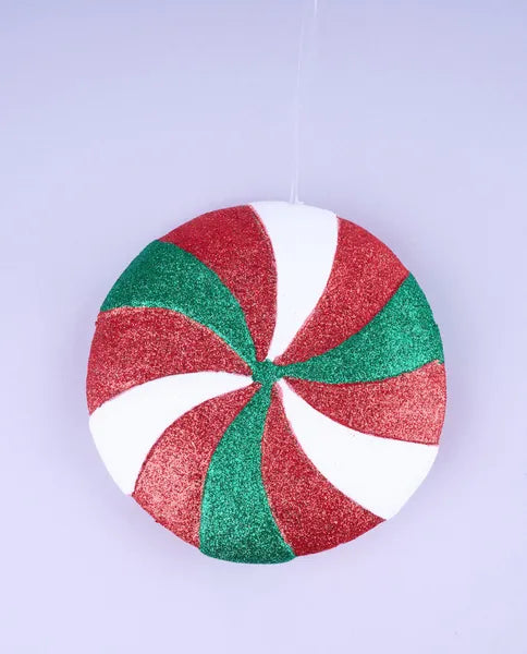 6"Dia Glitter Peppermint Candy Ornament-Red/Emerald Green/ White-XC1153CA