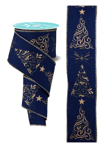 2.5" x 10yd Metallic Swirl Christmas Trees-Navy Blue/Gold-RGF162319
