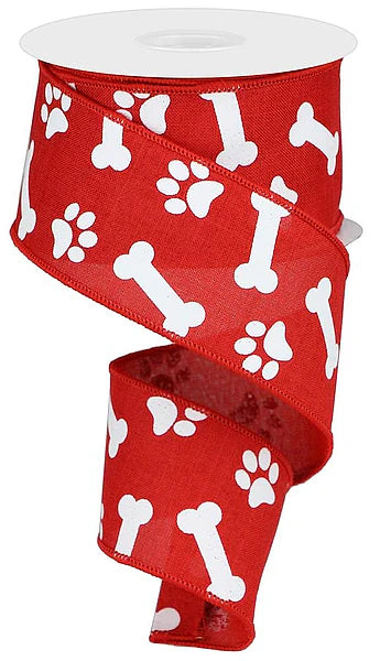 2.5"X10YD PAW PRINT/BONES ON ROYAL- RED/WHITE- RGA115424