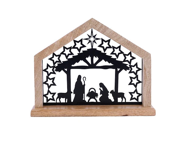 11.5"L X 9"H MANGO WOOD NATIVITY STABLE- NATURAL/BLACK- XN9942