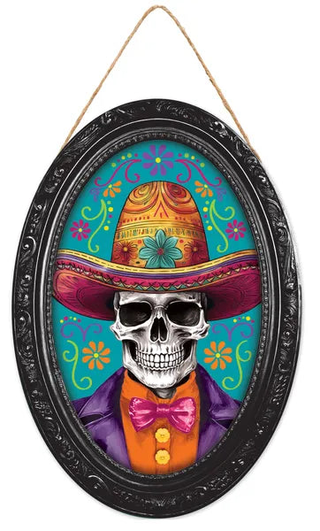 13"H x 9"L Day Of The Dead Skeleton Sign-Teal/Orange/Yllw/Purple-AP7413C2