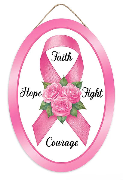 13"H X 9"L PINK RIBBON W/ROSES OVAL SIGN- PINK/GREEN/WHITE/BLACK- AP7453