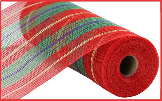 10.25" x 10yd Faux Jute/Thick Stripe Mesh- Red/Emerald/Ryl Blue/Gold-RY8334X7