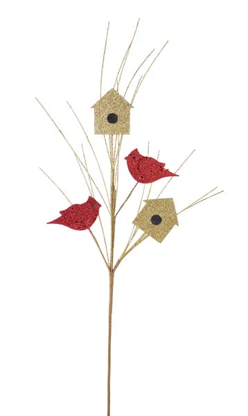 28"L Glitter Cardinal/Birdhouse Spray-Red/Gold/Black-XS1175