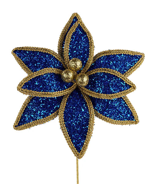 14"L V GLITTER/LACE EDGE POINSETTIA PICK- ROYAL BLUE/GOLD- XS418225