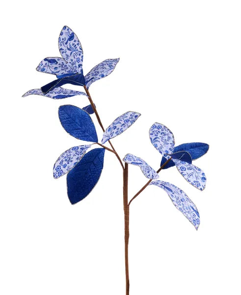 27"L Glitter/Velvet Magnolia Leaf Spray-White/Multi Blue-XS253103