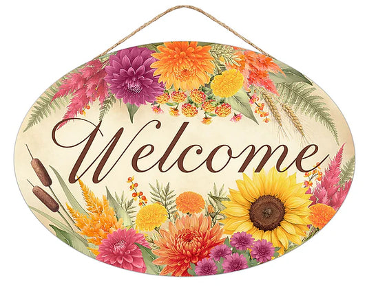 13"L X 9"H WELCOME W/AUTUMN FLORALS SIGN- CREAM/YLW/ORG/HT PNK- AP7471