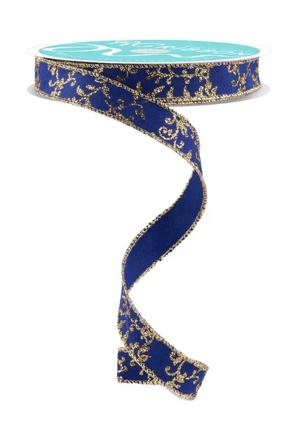 5/8" x 10yd Glitter Mini Leaf Vines-Navy Blue/Gold-RGF1393WA