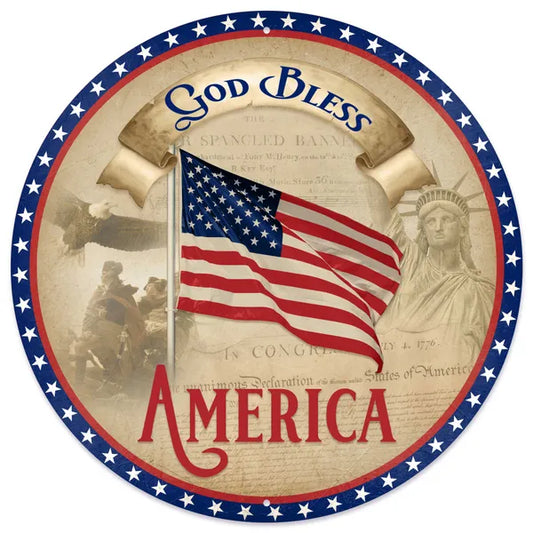 12"DIA VINTAGE GOD BLESS AMERICA SIGN- RED/BLUE/LT NATURAL- MD177137