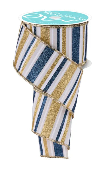 2.5" x 10yd Horizontal Stripe-Crm/Smoke Blue/Gld/Wht- RGF1919C2