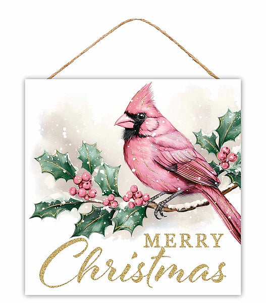 10"SQ GLITTER MERRY CHRISTMAS CARDINAL- WHITE/PINK/GREEN/GOLD- AP7888C1