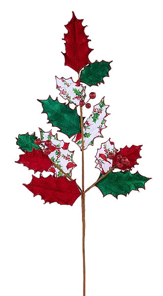 29"L CARDINAL HOLLY BERRY LEAF SPRAY- RED/EMERALD/WHITE- XS0980T3