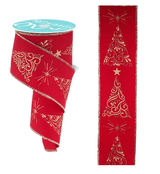2.5" x 10yd Metallic Swirl Christmas Trees-Red/Gold-RGF162324