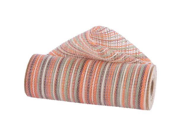 10"X10YD VERTICAL MULTICOLOR STRIPE MESH-BRNT ORG/ORG/SAGE/BRN/CRM-RE1369YE