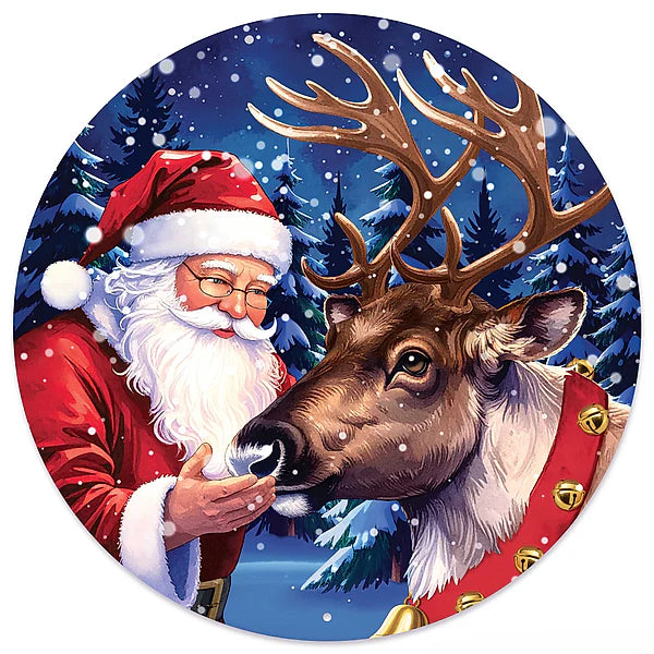 12"DIA METAL SANTA W/REINDEER SIGN- BLUE/RED/WHITE/BROWN- MD180027