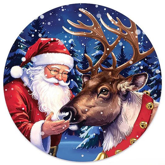 12"DIA METAL SANTA W/REINDEER SIGN- BLUE/RED/WHITE/BROWN- MD180027