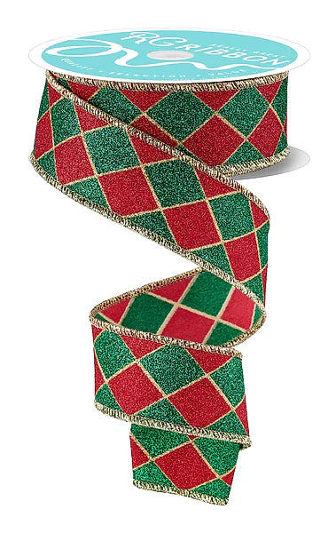1.5"X10YD GLITTER HARLEQUIN- GOLD/RED/EMERALD- RGH14214W
