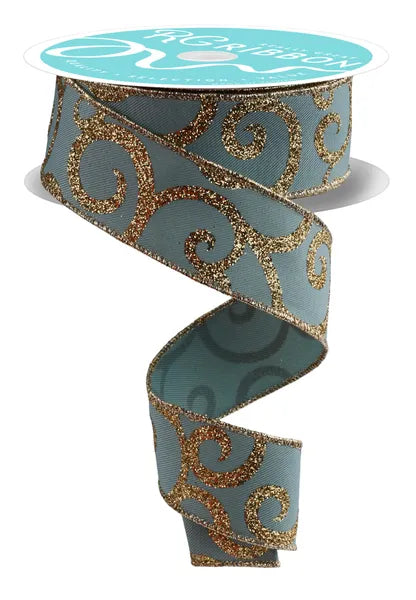 1.5" x 10yd Glitter Swirl-Sage Green/Gold-RGF1792H2