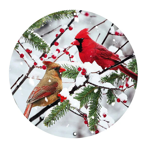 12"DIA METAL CARDINALS ON SNOWY BRANCH- WHITE/RED/BROWN/GREEN- AP0343