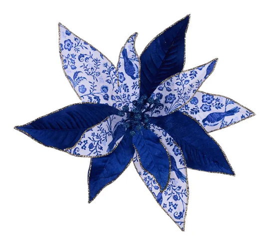 10"Dia x 4"H Glitter/Velvet Poinsettia-White/Multi Blue-XS421703