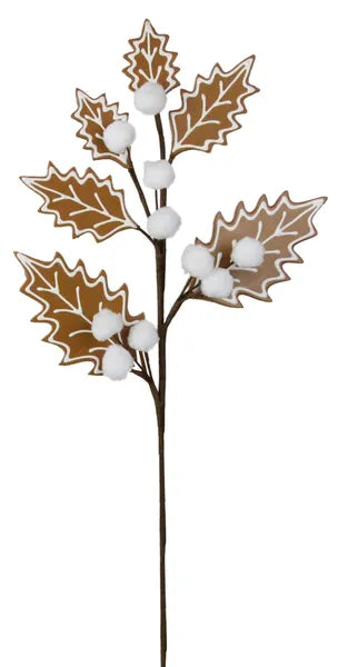 24"L Gingerbread Holly Leaf Spray-Brown/White-XS0932