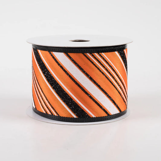 2.5" Glittered Satin Diagonal Stripes Ribbon-Black/WH/OR-55202-40-19