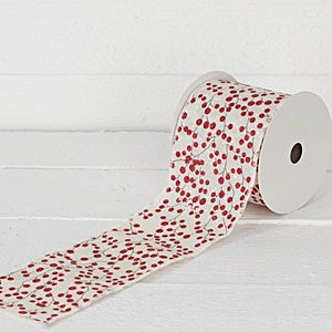 Wired Ribbon-4inWx10YD-Cream Burlap with Red Berries- R32965