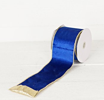4inWx10Yard Wired Ribbon-Bright Blue/ Velvet/Gold Wire/Gold Glitter- 57R0953