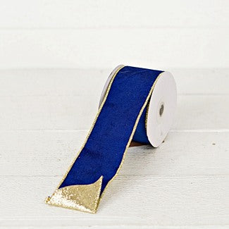 2.5inWx10Yard Wired Ribbon-Bright Blue Velvet/Gold Wire/Gold Glitter- 57R0903