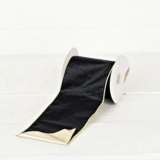 4inWx10Yard Wired Ribbon-Black Velvet/Gold Wire/Gold Satin- 57R0951