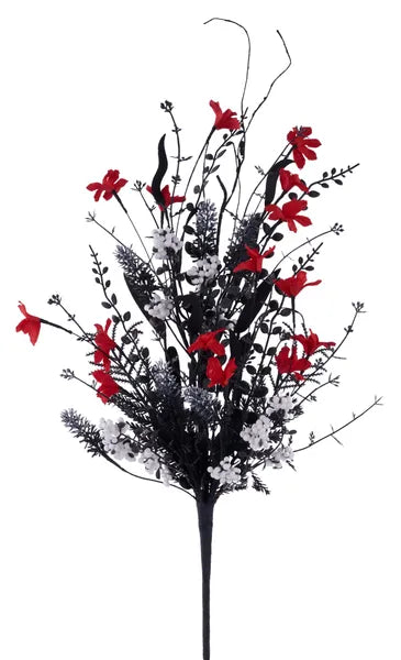 24"L FABRIC FLOWER/EVA LEAF/BEADS SPRAY - RED/WHITE/BLACK - FH8071A7