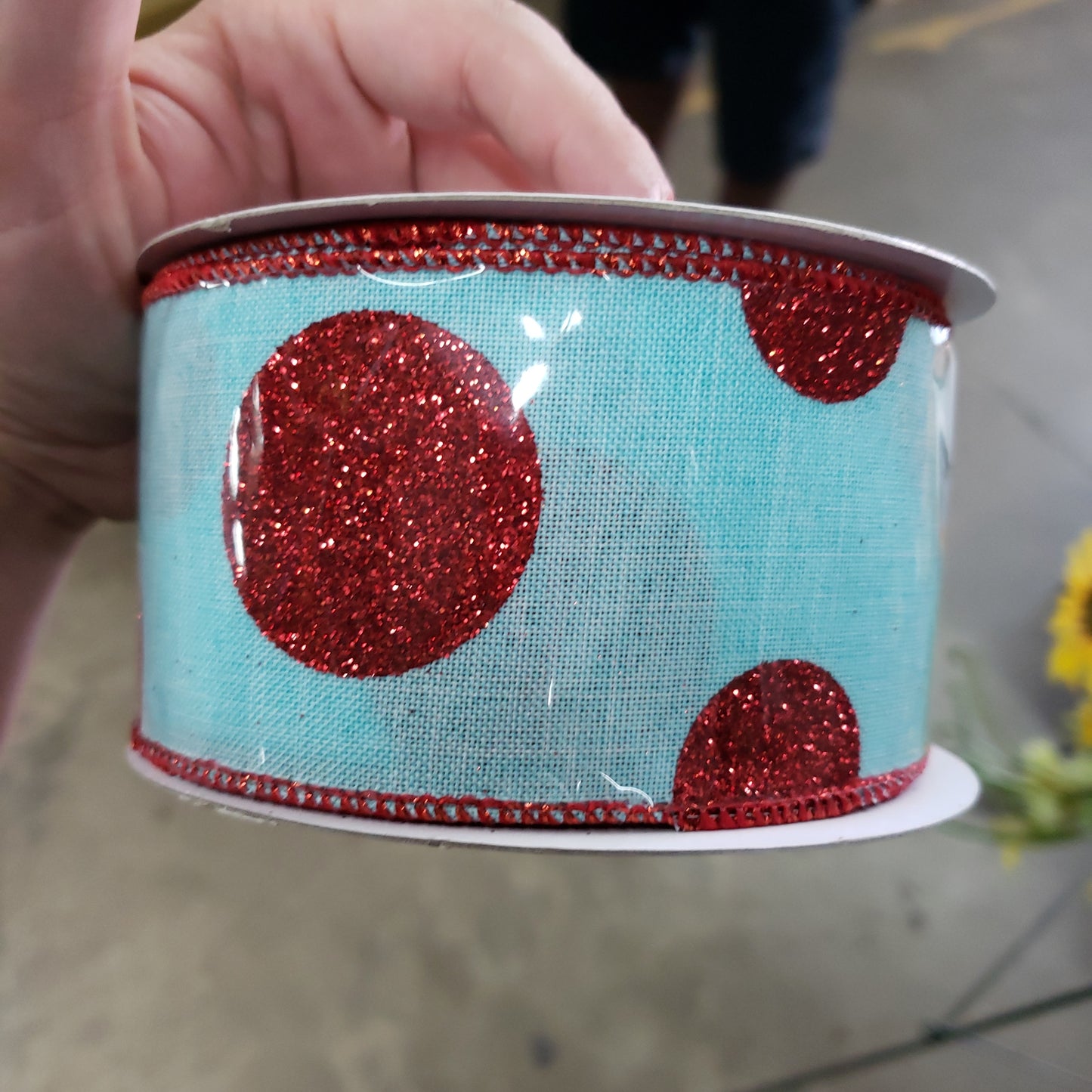 2.5"X10yd red and light blue Glittered Multi Dots On Royal burlap ribbon