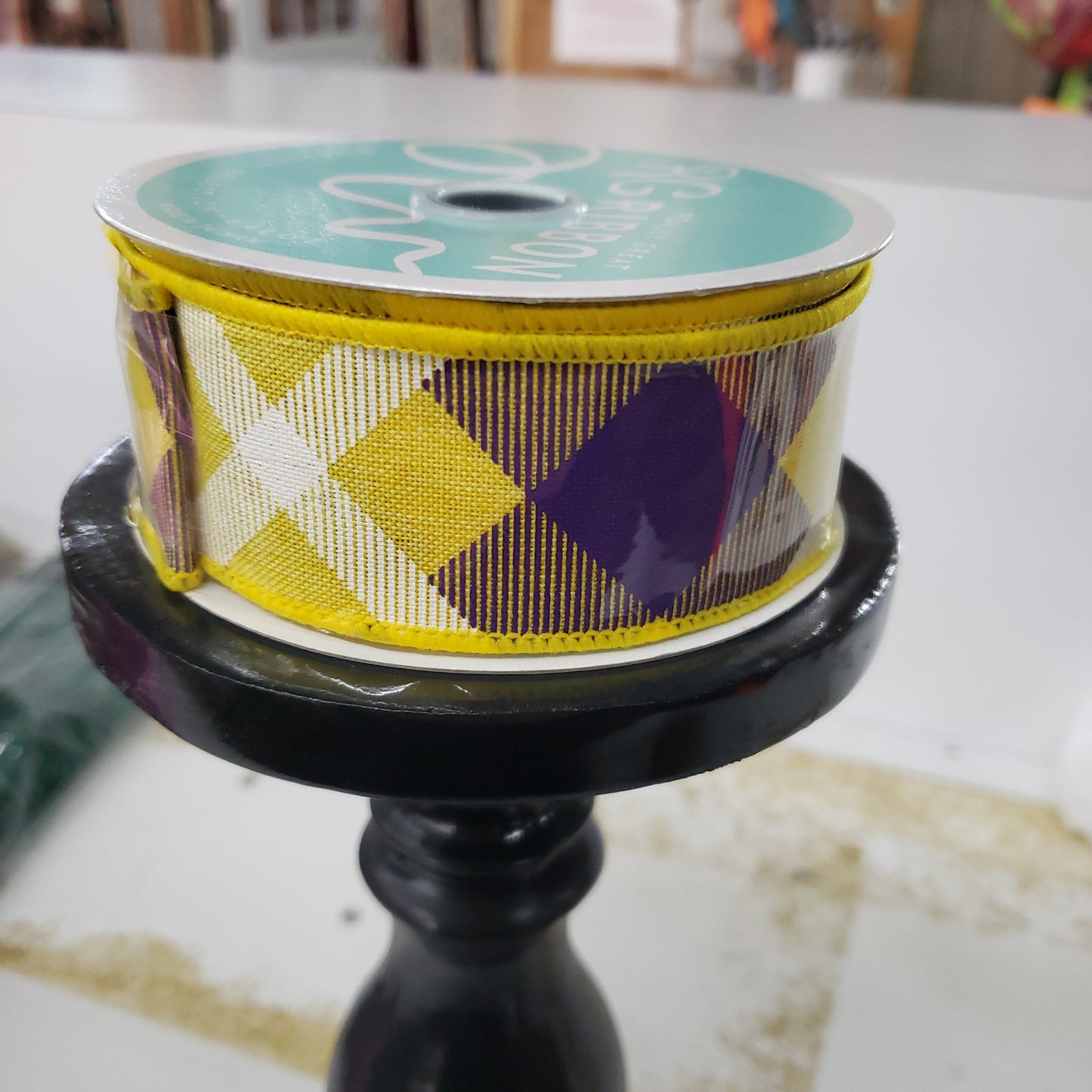 1.5"X10yd Yellow/purple/White diagonal weave ribbon