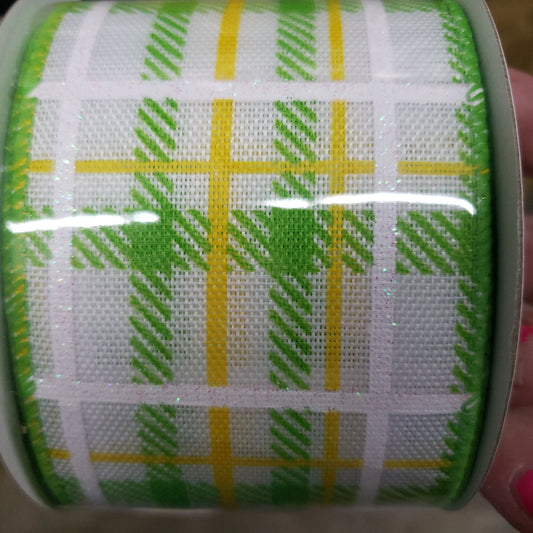 2.5"X10YD spring green yellow white plaid ribbon