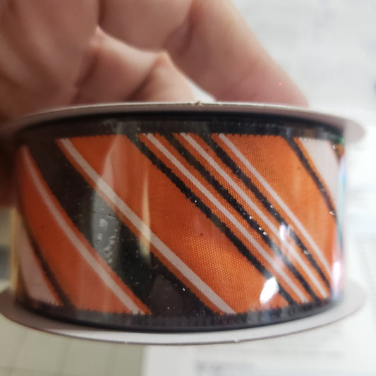 1.5" x 10 yds orange black white stripped glitter wired ribbon