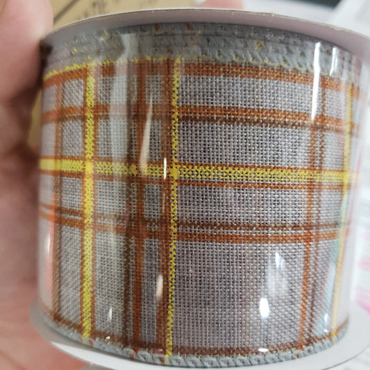 2.5" x 10 yds grey rust yellow cornelia plaid wired ribbon