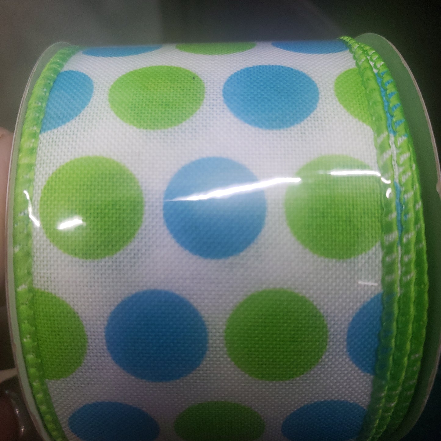 2.5" x 10 yard green and blue polka dot ribbon
